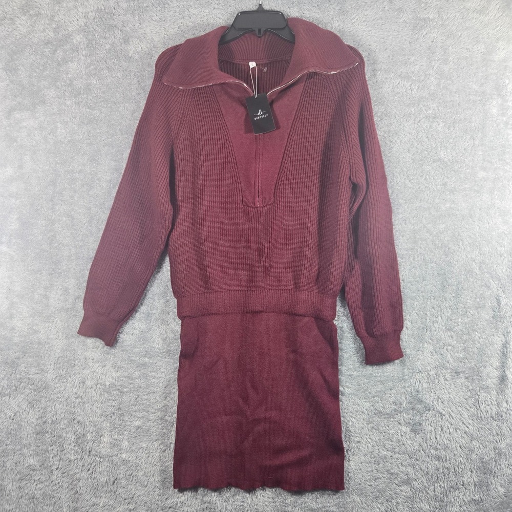 Deepself Burgundy Ribbed Quarter Zip‎ Sweater Dress L/S Wine Red Small NWT